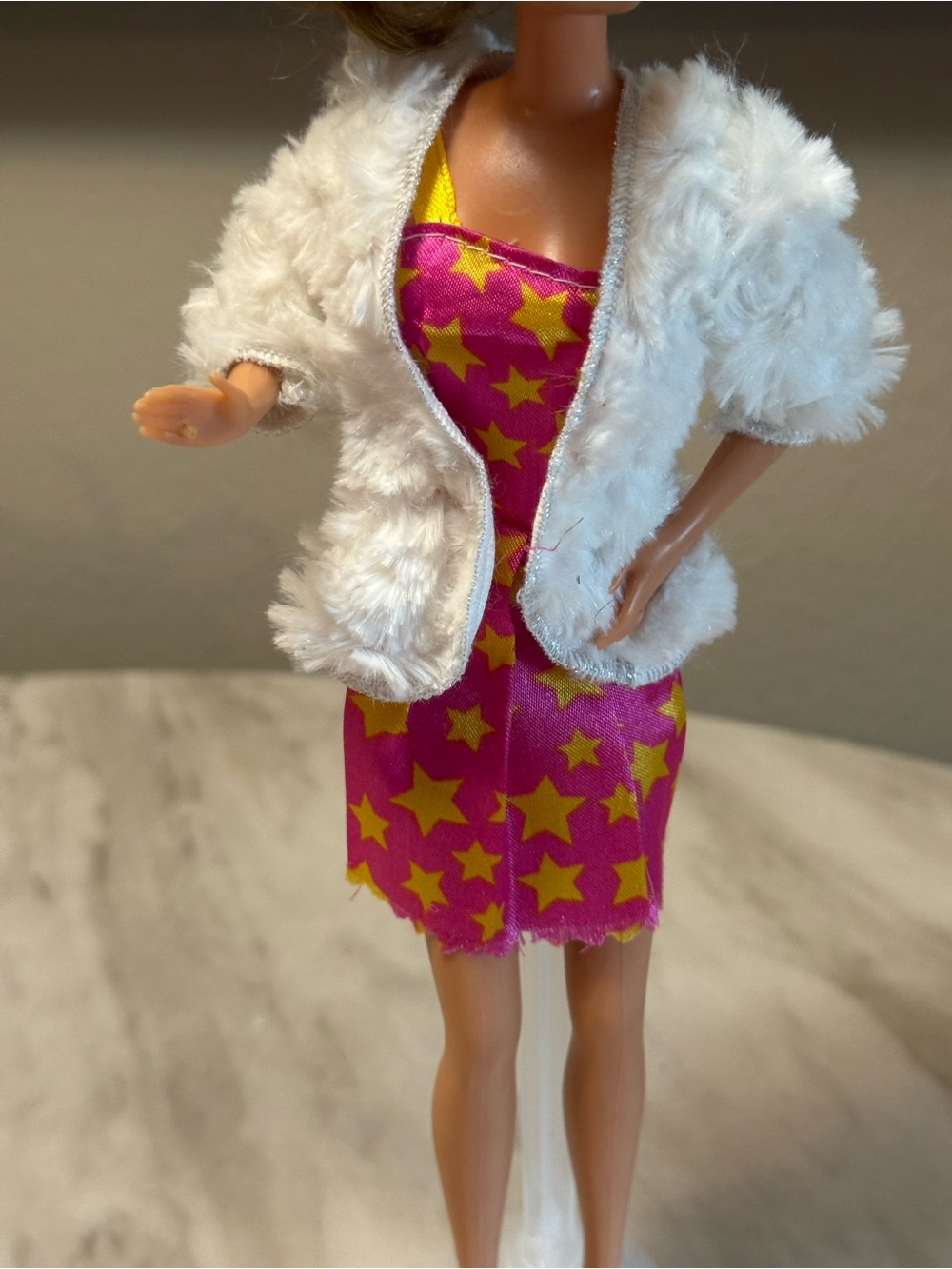 Barbie Mattel pink dress yellow stars straps & white furry coat